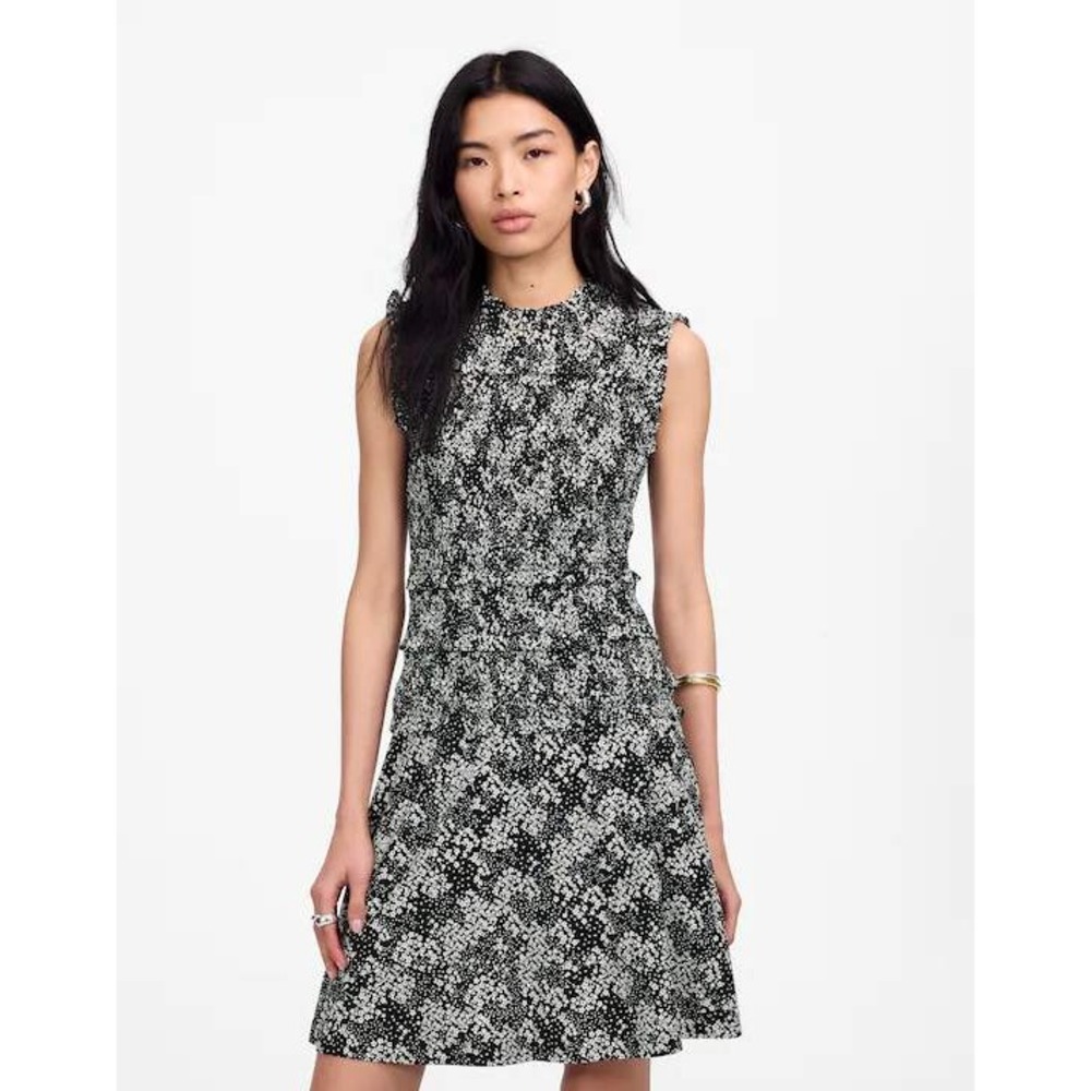 Madewell Smocked Crewneck Mini Dress Women 10 Black Floral High Neck Garden Boho